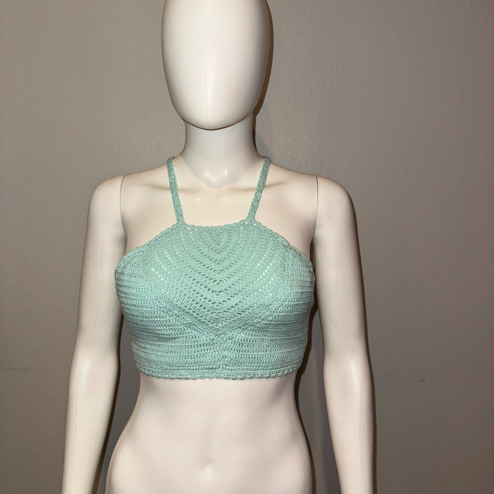 VITAMIN A *Nightbird* green cotton crochet halter festival swim bikini top S M L